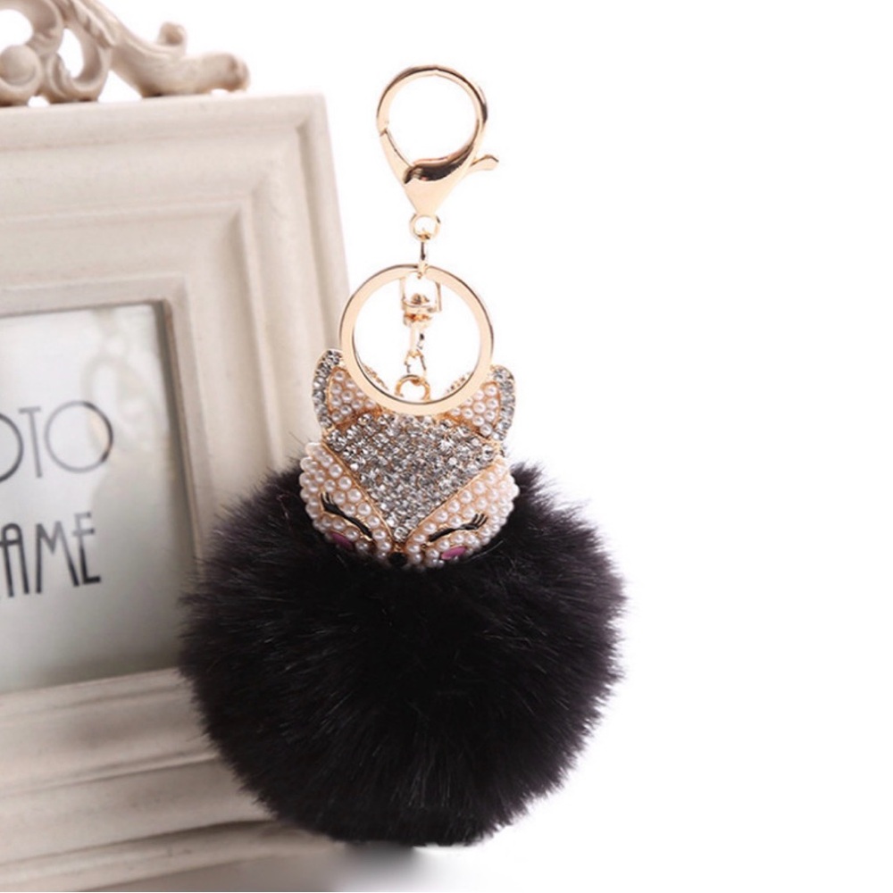 Elegant Fox Black Pom Pom Keychain